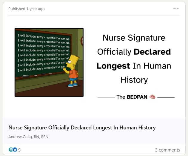 The Bedpan headline: Nurse Signature Officially Declared Longest In Human History