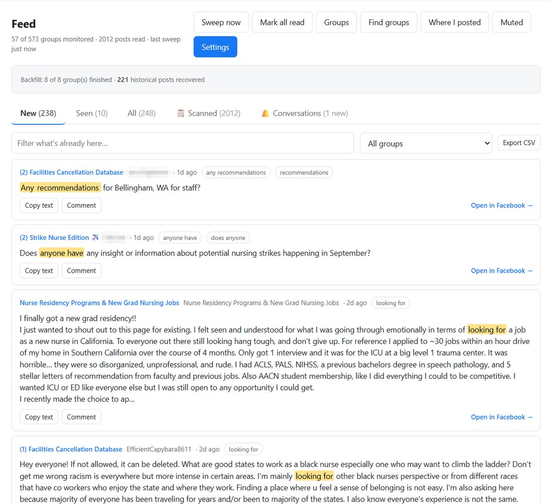 Group Radar combined feed with keyword matches