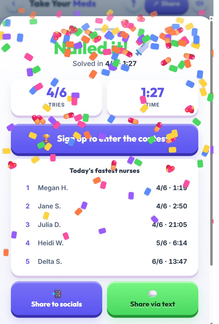 Take Your Meds Winner screen